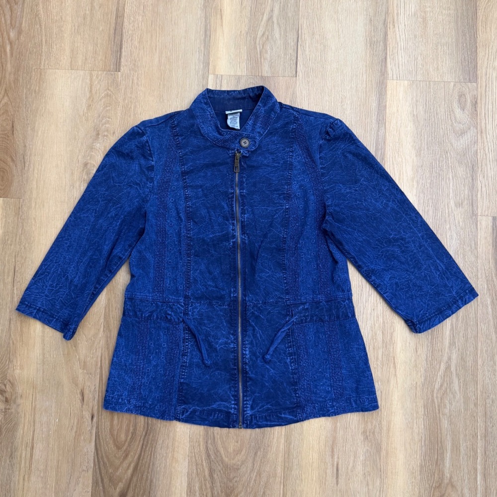 Mind Set by XCVI Blue Acid Wash Eyelet Lace Peplum Zip Jacket M outdoors